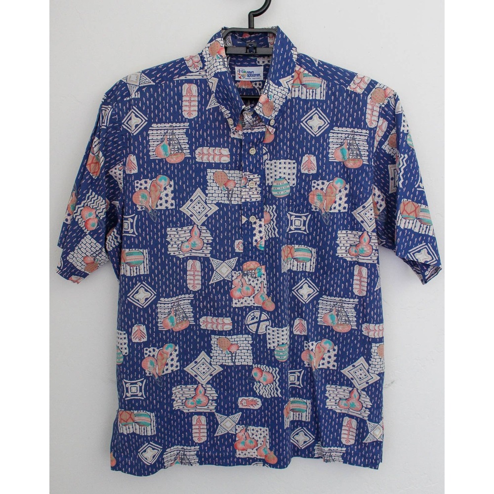 Reyn Spooner Hawaiian Shirt Large Blue Pullover Vintage Reverse Print *FLAW